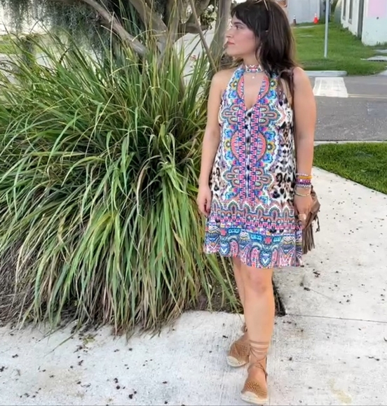 Hale bob leopard print colorful trapeze dress with cut out neck - Picture 2 of 8